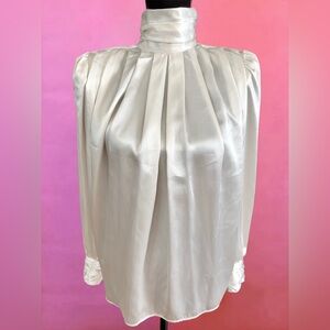 Vintage 80s Tess White Victorian / Edwardian Style Mockneck Blouse - Size 4
